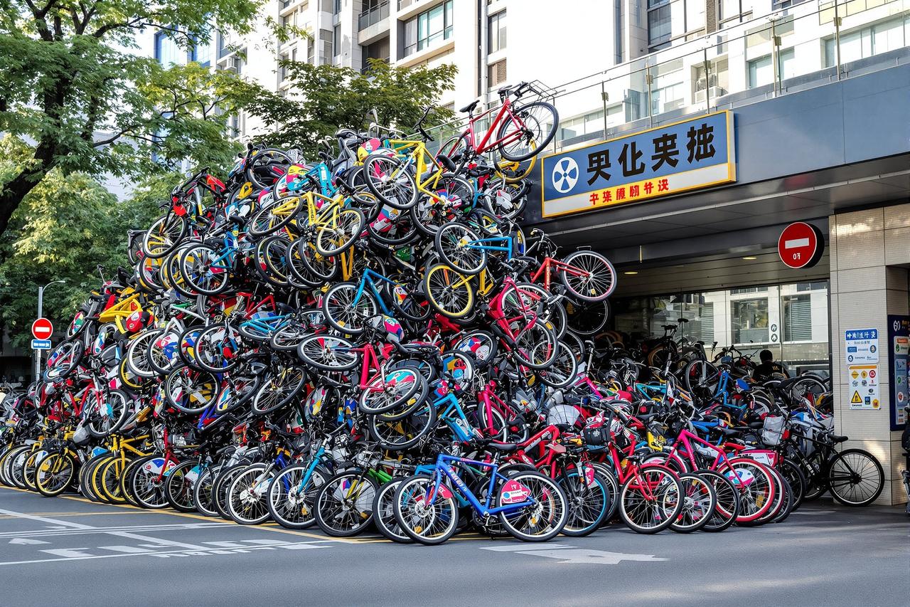 今日有瓜 - 某城市共享单车堆积成山,管理部门紧急约谈运营企业 某城市共享单车堆积成山,管理部门紧急约谈运营企业